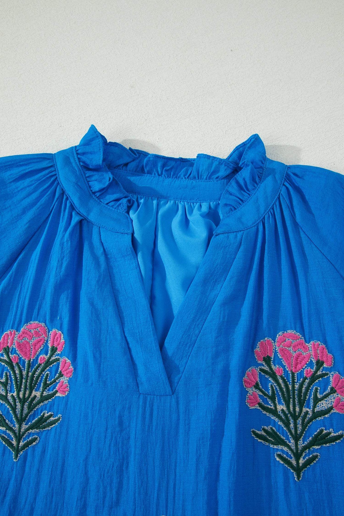 Blue Flower Embroidered Split Neck Short Puff Sleeve Ruffle Hem Dress