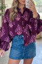 Purple Floral Print Button Front Long Sleeve Round Neck Casual Shift Top