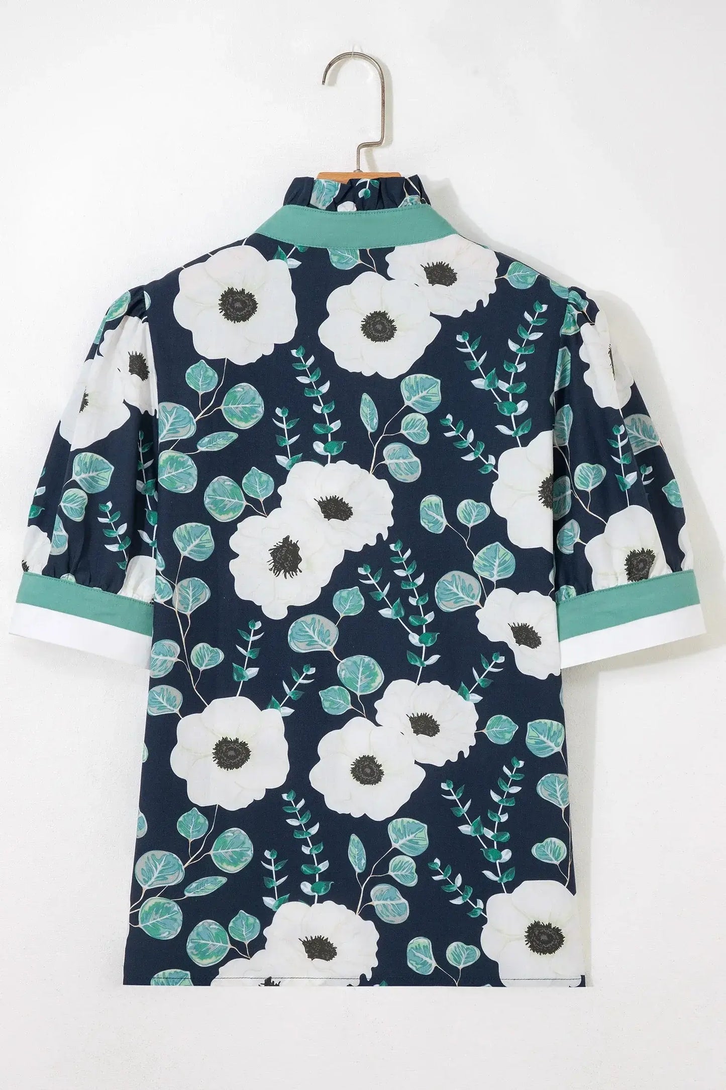Blue Floral Print Striped Patchwork V Neck Short Sleeve Blouse - Sweet Fashion Wholesale