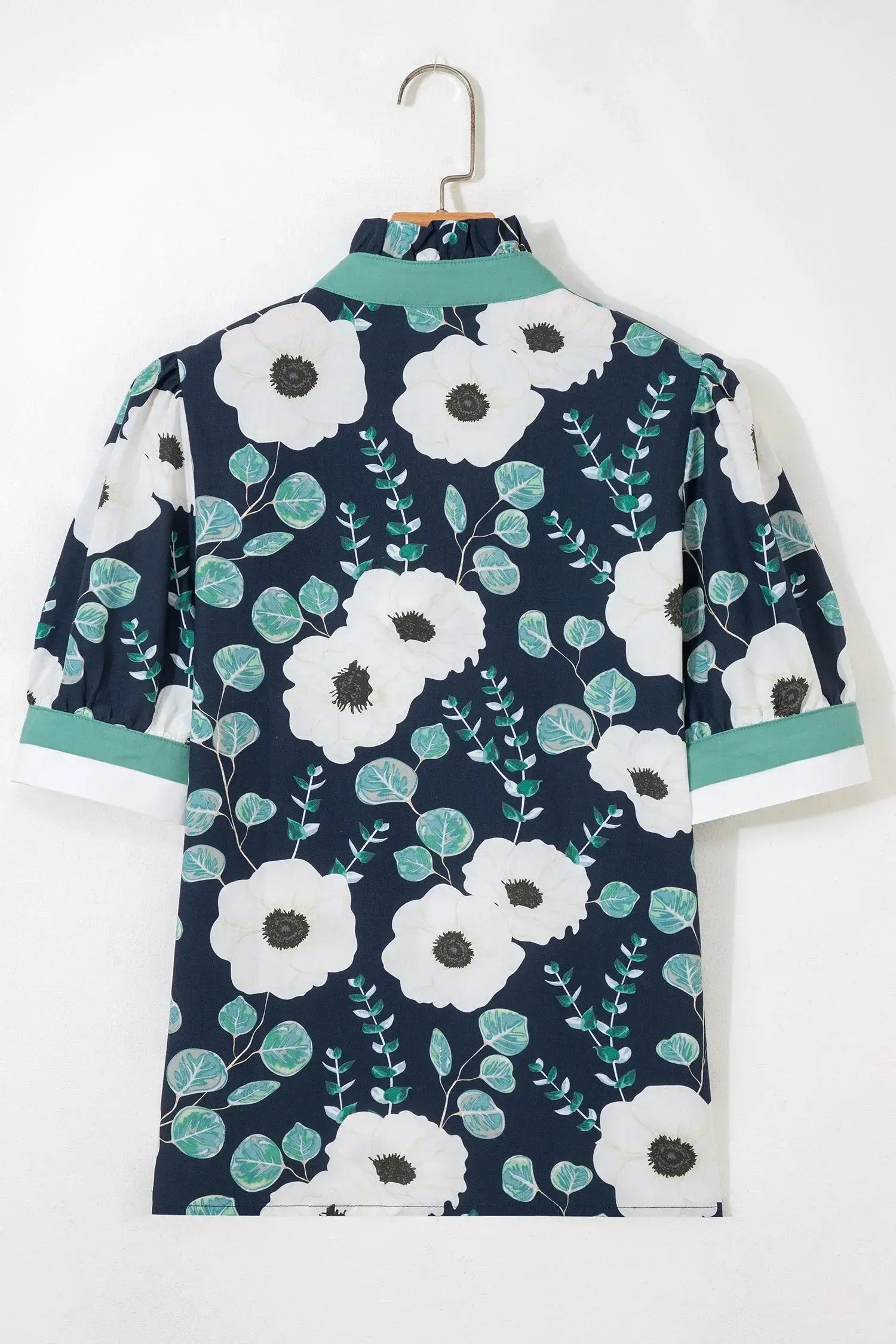 Blue Floral Print Striped Patchwork V Neck Short Sleeve Blouse - Sweet Fashion Wholesale