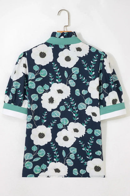 Blue Floral Print Striped Patchwork V Neck Short Sleeve Blouse - Sweet Fashion Wholesale