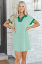 Green Stripe Quarter Zip Polo Collar T Shirt Dress with Pockets - Sweet Fashion Wholesale