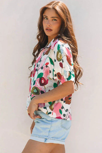 Peacock Blue Floral Print Slit V Neck Short Sleeve Blouse
