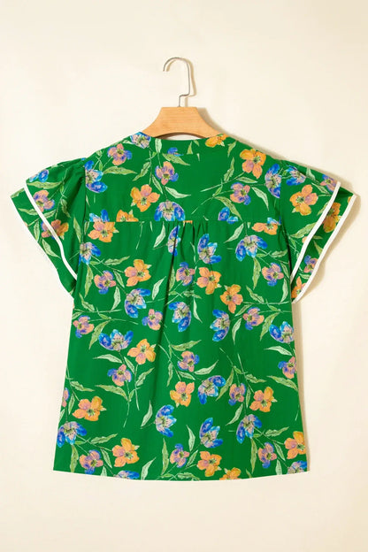 Green Plus Size Ruffled Short Sleeve Floral Top - Sweet Fashion Wholesale