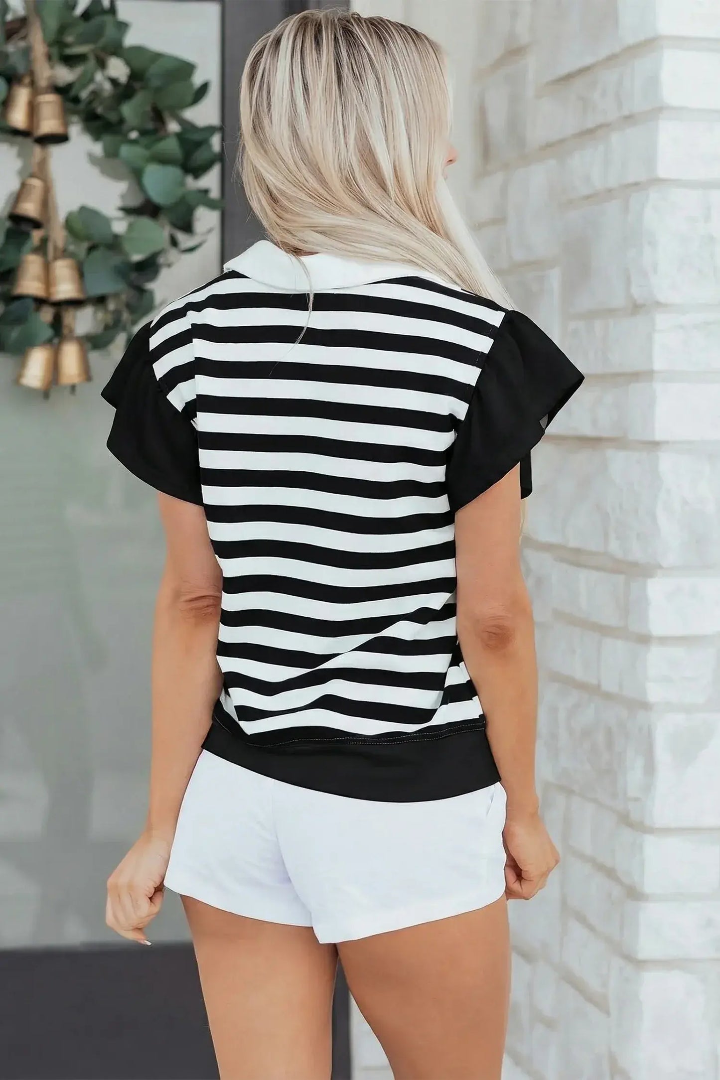 Green Stripe Collar V Neck Ruffled Short Sleeve Blouse - Sweet Fashion Wholesale