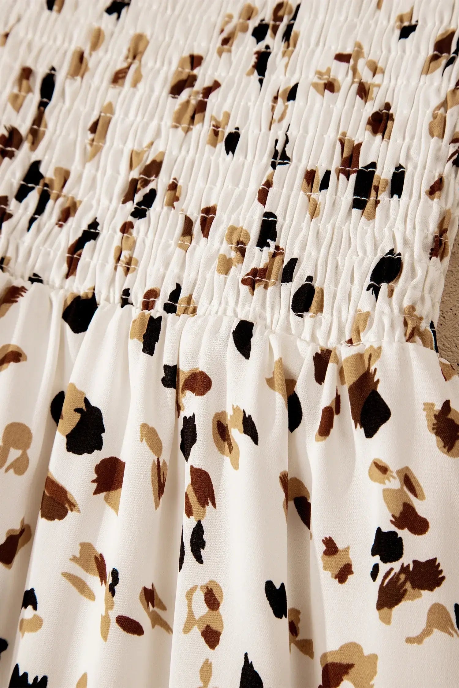 Beige Ditsy Floral Print Smocked Square Neck Ruffle Short Sleeve Dress - Sweet Fashion Wholesale