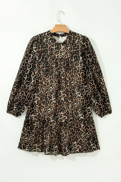 Brown Leopard Print Long Sleeve Short Shift Dress
