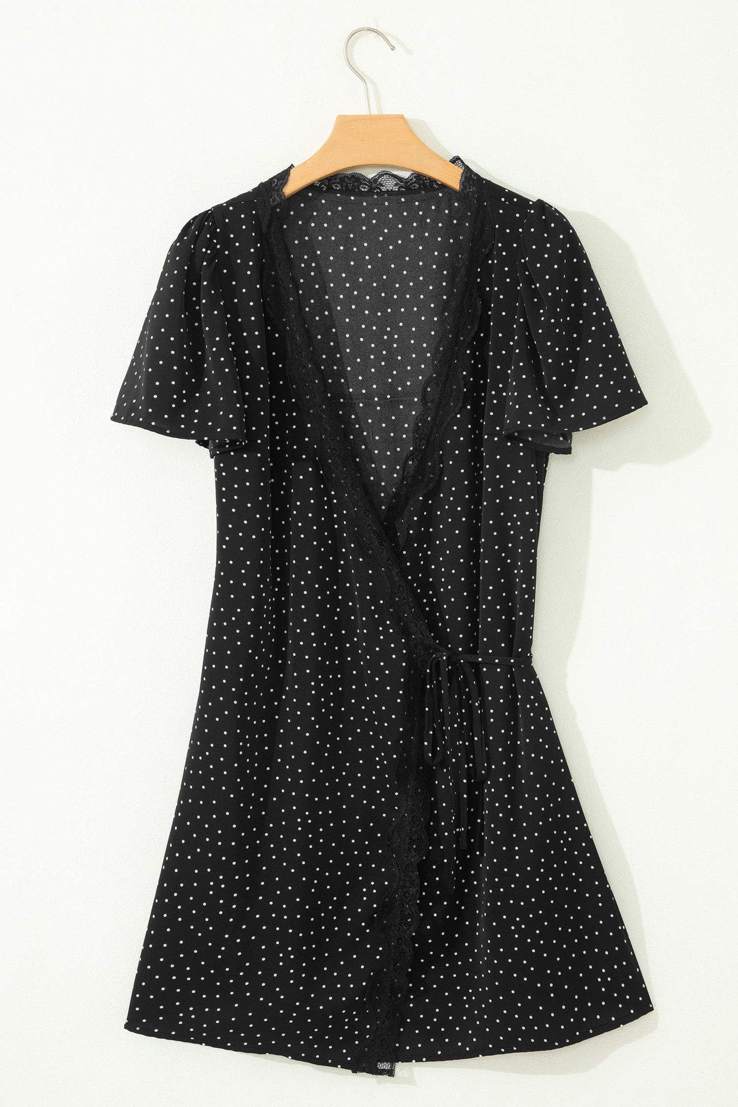 Black Polka Dot Print Lace Trim Wrap Mini Dress