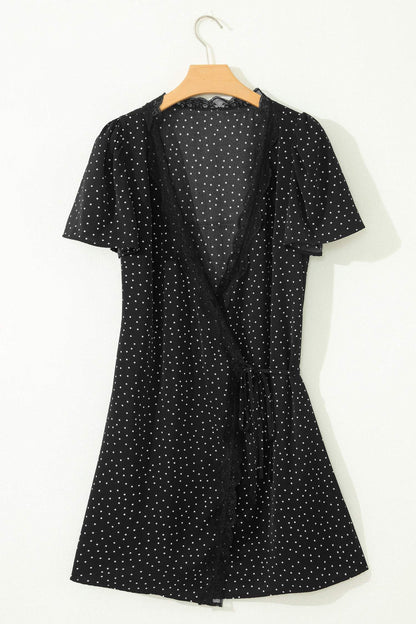Black Polka Dot Print Lace Trim Wrap Mini Dress