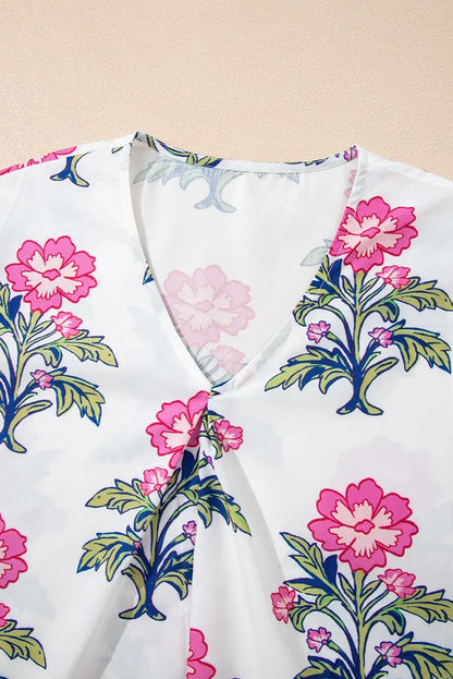 White Floral Colorblock Stripe Knot Bubble Sleeve V Neck Blouse