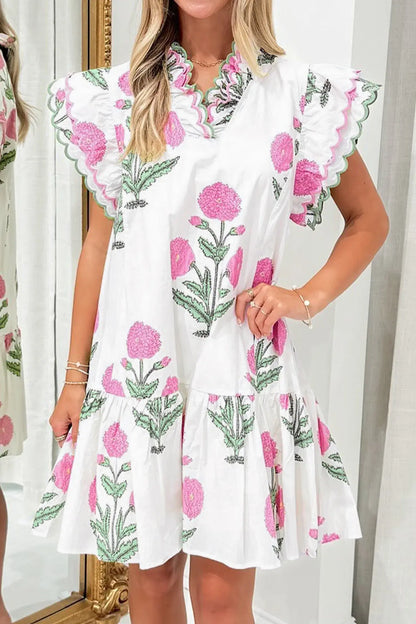 White Wild Floral Print Scalloped Embroidery Trim V Neck Drop Waist Mini Dress - Sweet Fashion Wholesale