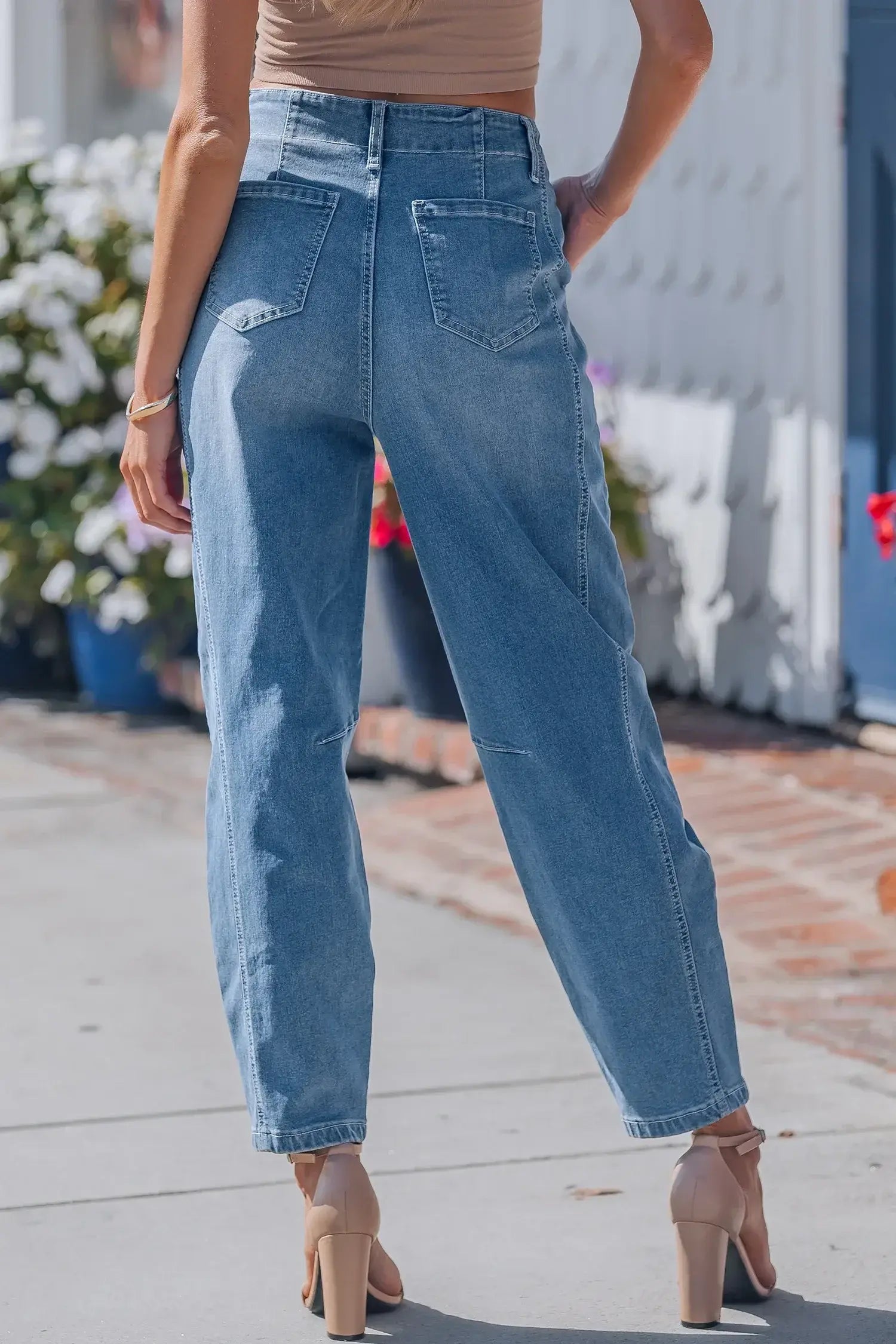 Sky Blue Medium Wash Cuffed Barrel Jeans - Sweet Fashion Wholesale