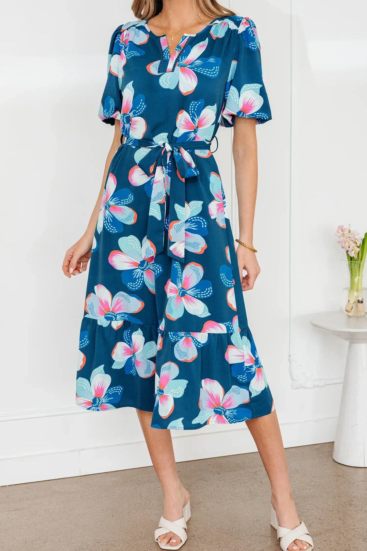 Blue Floral Print Short Puff Sleeve Ruffle Hem Belted Long Dress - Sweet Fashion Wholesale