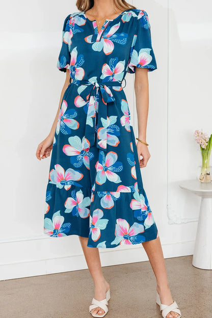 Blue Floral Print Short Puff Sleeve Ruffle Hem Belted Long Dress - Sweet Fashion Wholesale