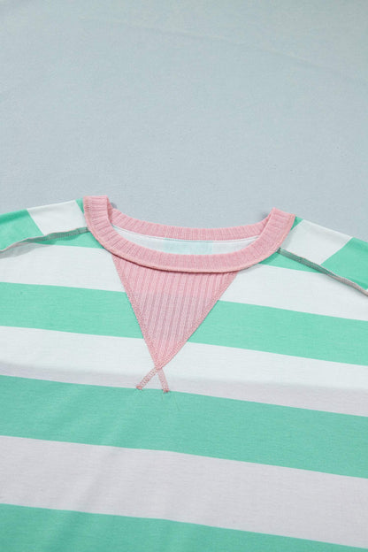 Green Stripe Exposed Seam Ribbed Patchwork Oversized Tee