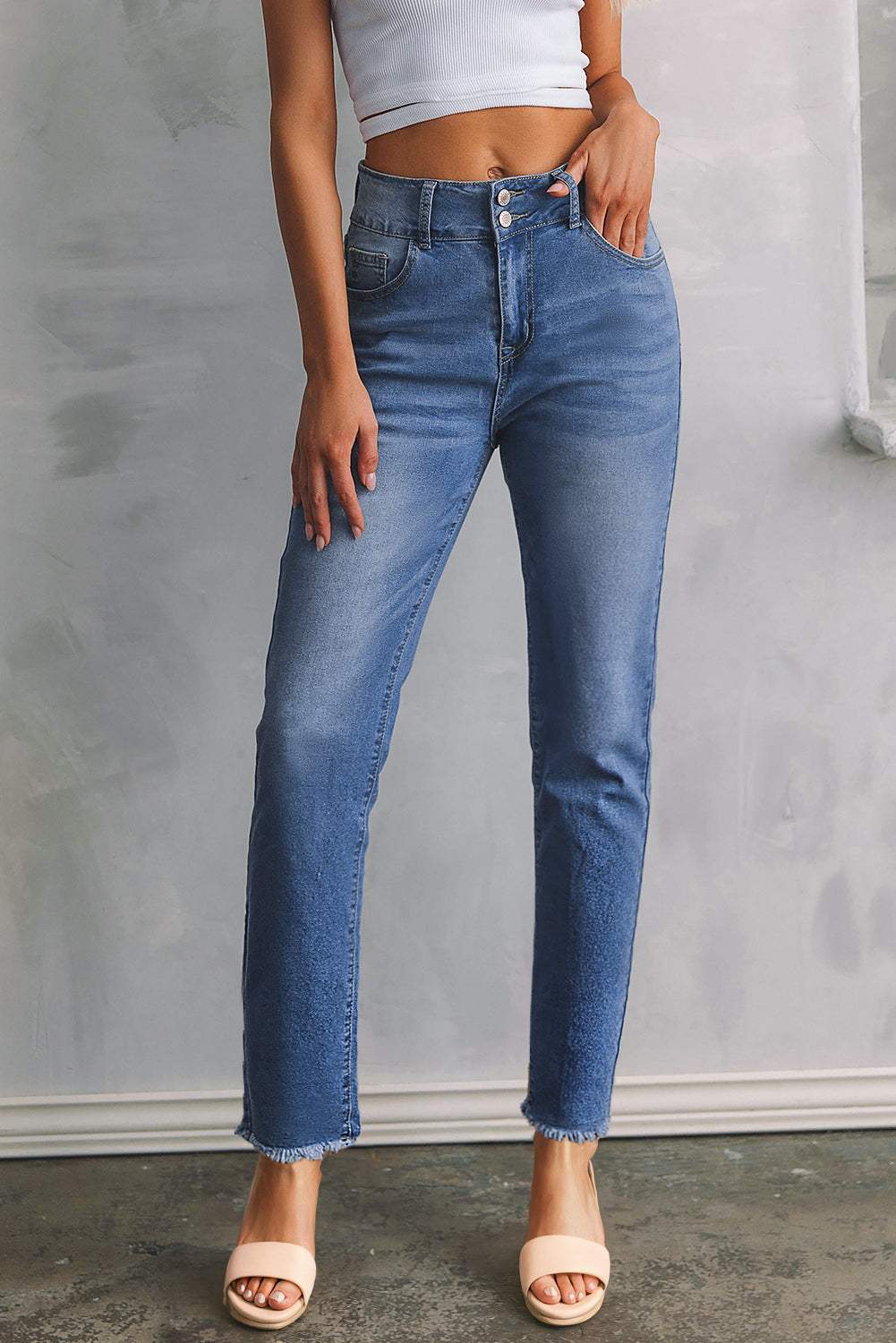 Sky Blue Double Button Raw Hem Slim Fit Jeans