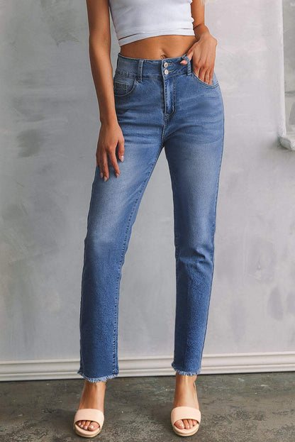 Sky Blue Double Button Raw Hem Slim Fit Jeans