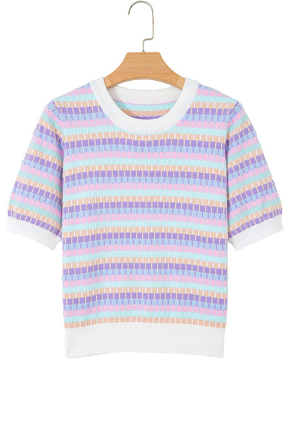 Orange Abstract Striped Knit Short Sleeve Sweater