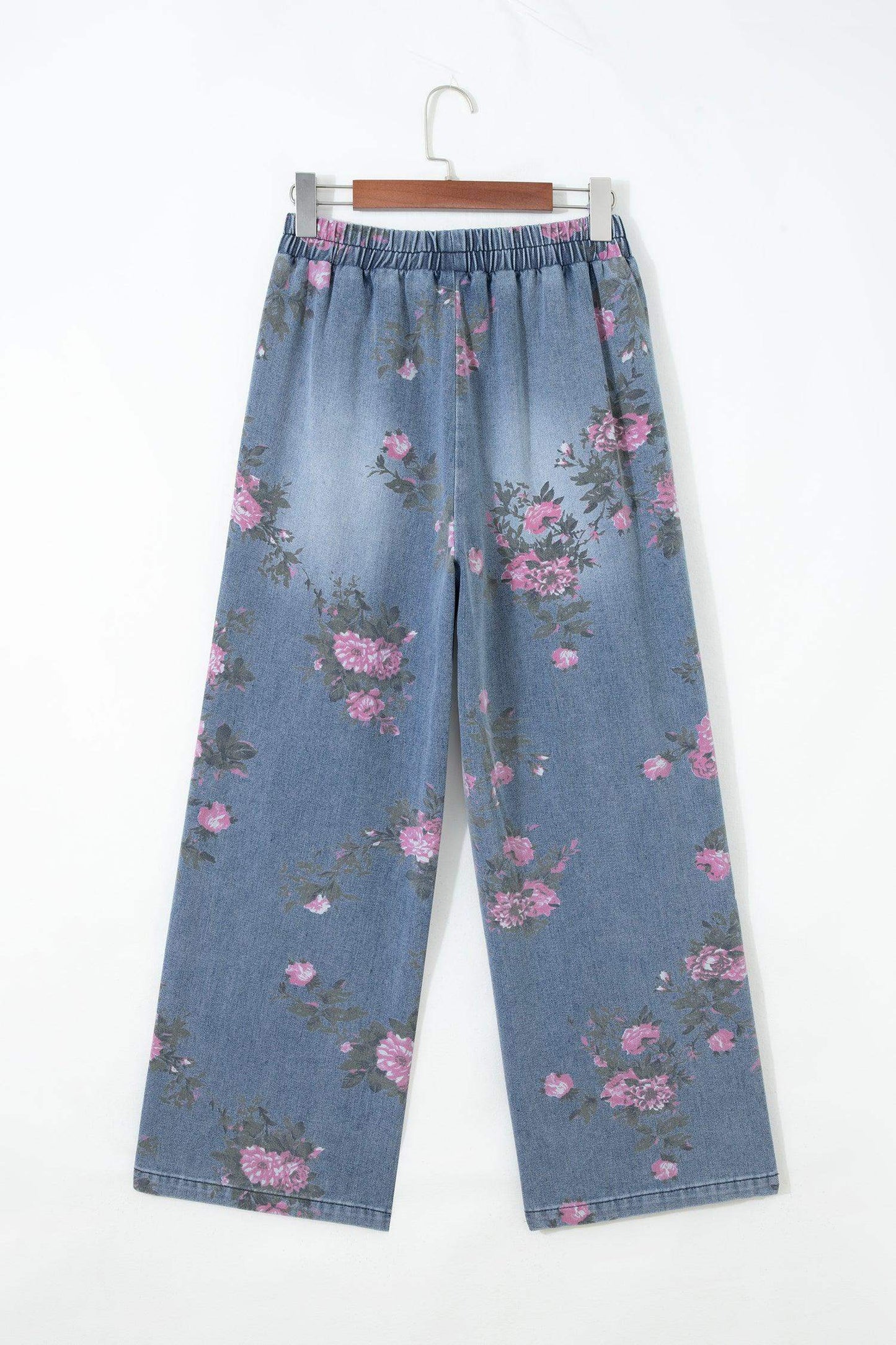 Beau Blue Floral Print Elastic Waist Pull On Casual Jeans - Sweet Fashion Wholesale