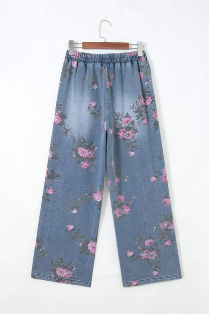 Beau Blue Floral Print Elastic Waist Pull On Casual Jeans - Sweet Fashion Wholesale