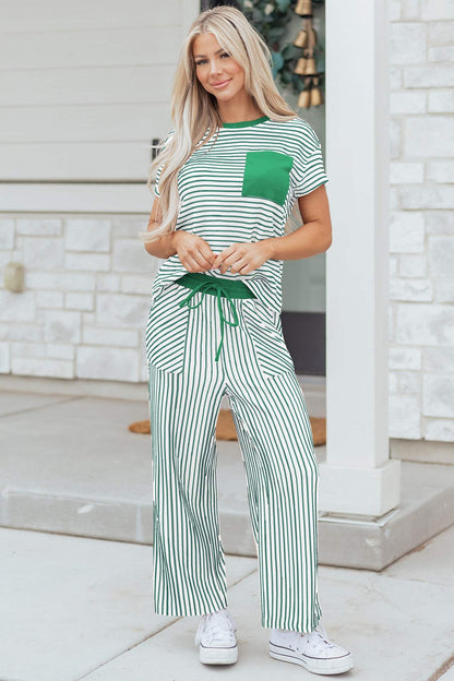 Sky Blue Stripe Crew Neck Tee Drawstring Waist Cropped Pants Set