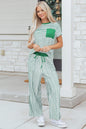 Sky Blue Stripe Crew Neck Tee Drawstring Waist Cropped Pants Set