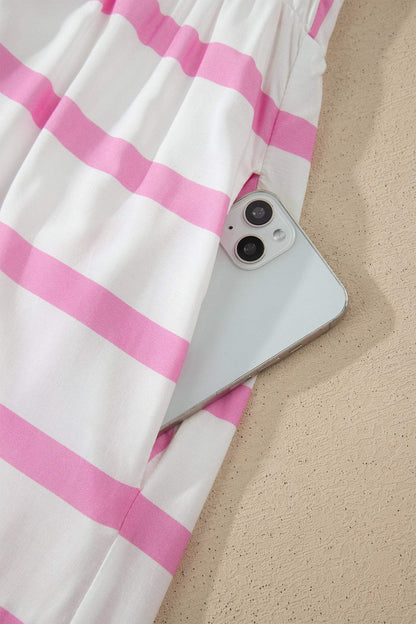 Pink Stripe Ricrac Trim Notched Neck Half Sleeve Vacation Dress