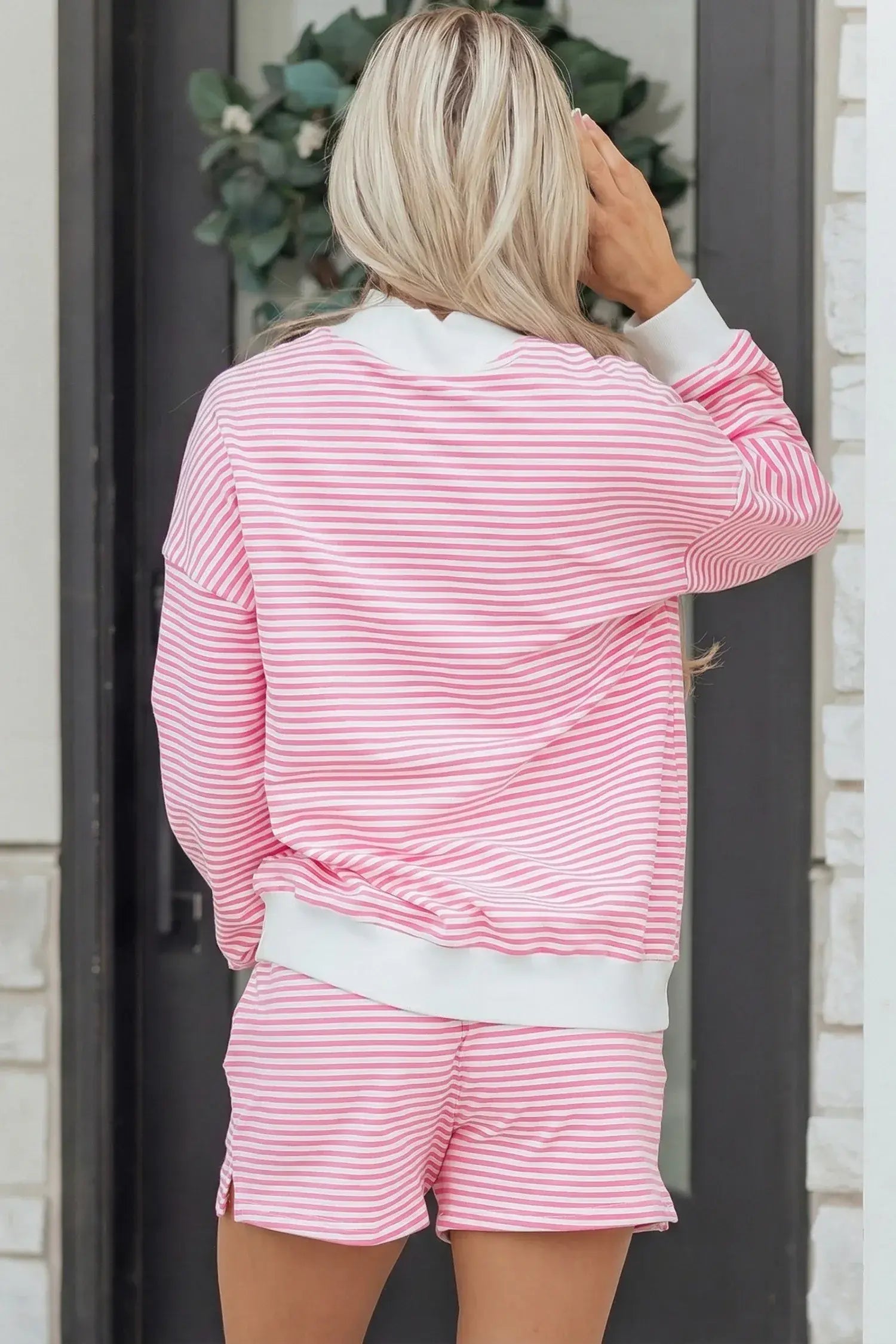 Sky Blue Stripe Oversize Mock Neck Sweatshirt and Shorts Set - Sweet Fashion Wholesale