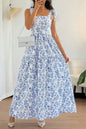 Sky Blue Floral Print Knot Straps High Waist Flared Maxi Dress