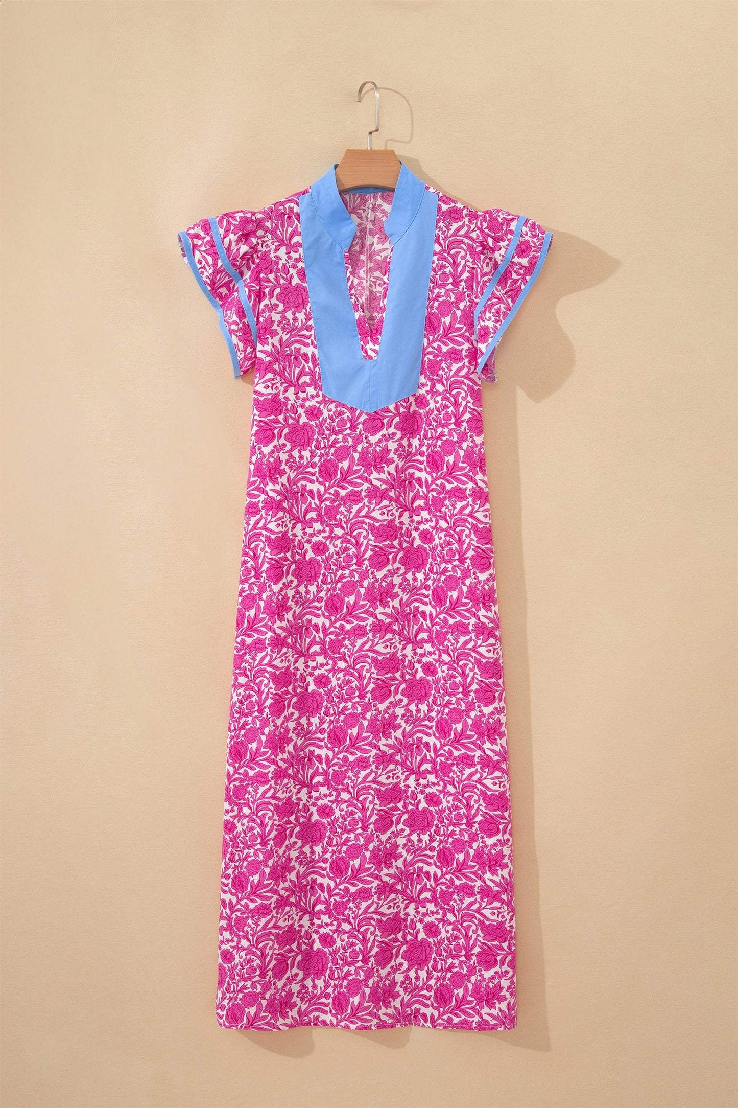 Pink Floral Print Color Block Patchwork V Neck Short Sleeve Midi Dress