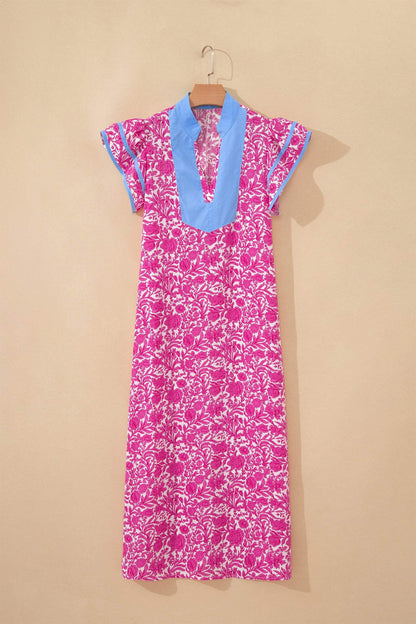 Pink Floral Print Color Block Patchwork V Neck Short Sleeve Midi Dress