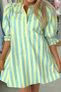 Red Stripe Half Button Puff Sleeve Loose Mini Dress