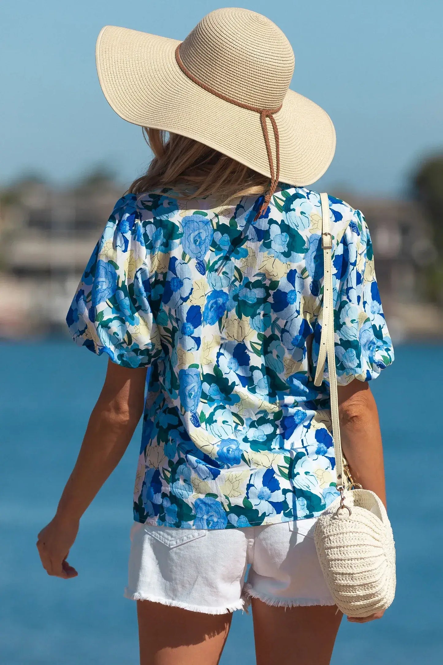 Sky Blue Floral Print Short Puff Sleeve V Neck Blouse - Sweet Fashion Wholesale