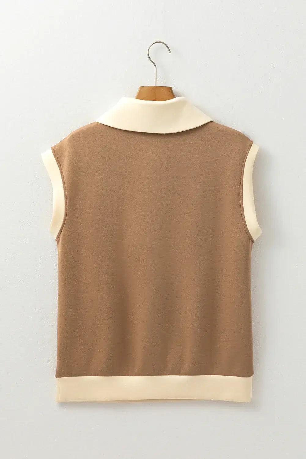 Simply Taupe Half Zipper Collared Colorblock Short Sleeve Top