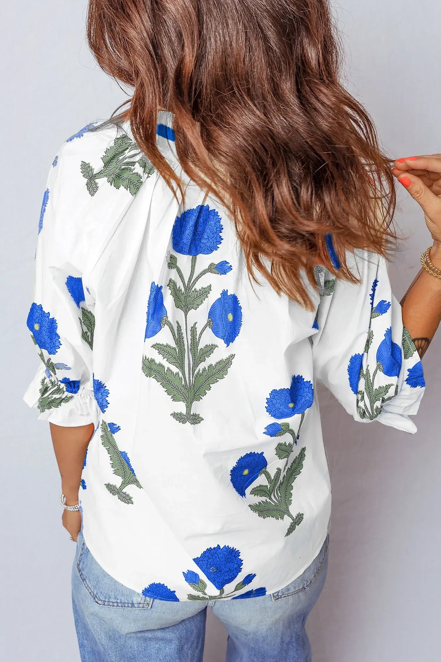 Green Casual Wild Flower Print V Neck 3/4 Sleeve Blouse