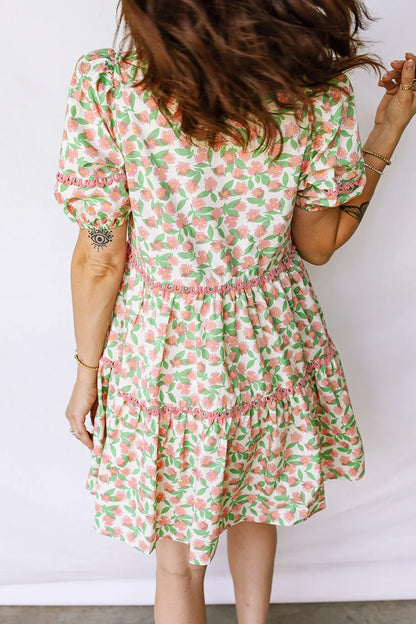 Green Contrast Neckline Ricrac Trim Floral Short Puff Sleeve Dress - Sweet Fashion Wholesale