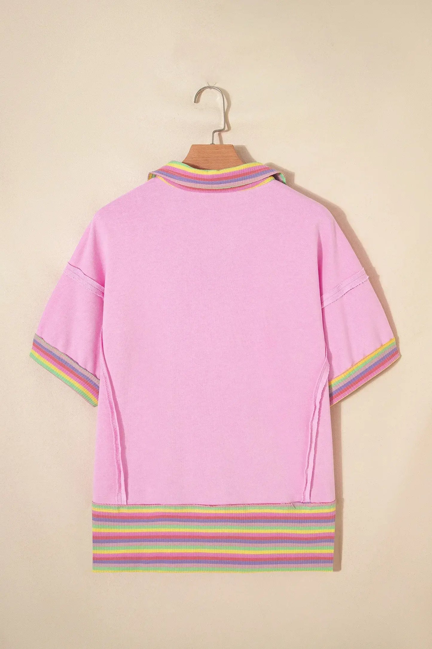 Pink Rainbow Stripe Ribbed Patchwork Raw Seam Oversize Polo Tee - Sweet Fashion Wholesale