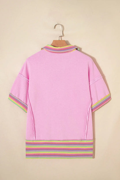 Pink Rainbow Stripe Ribbed Patchwork Raw Seam Oversize Polo Tee - Sweet Fashion Wholesale