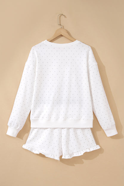 White Polka Dot Print Side Stripe Detail Casual Sweatshirt 2pcs Short Set