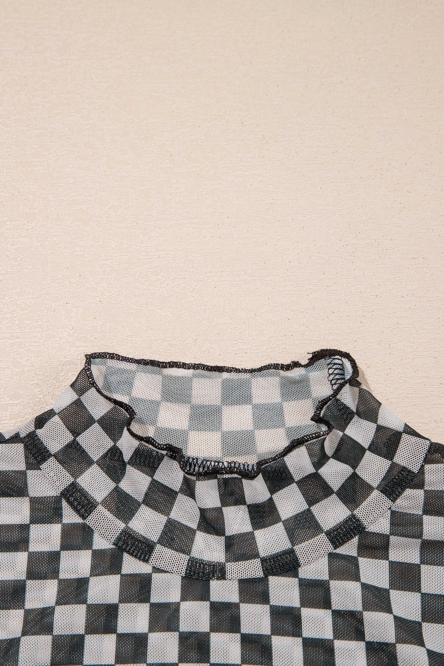 Black Plaid Stand Neck Long Sleeve Mesh Top