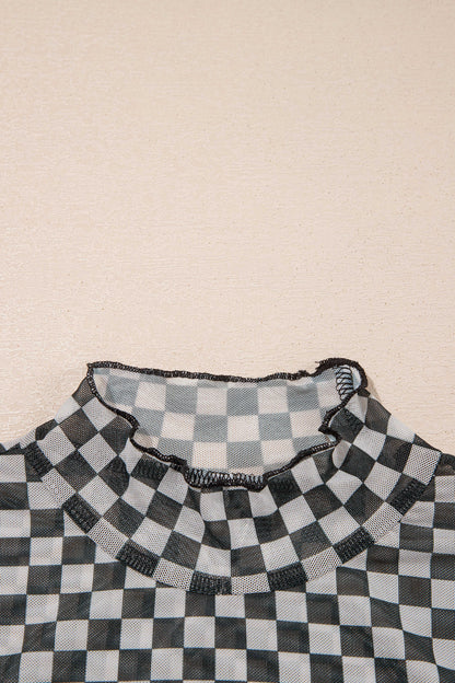 Black Plaid Stand Neck Long Sleeve Mesh Top