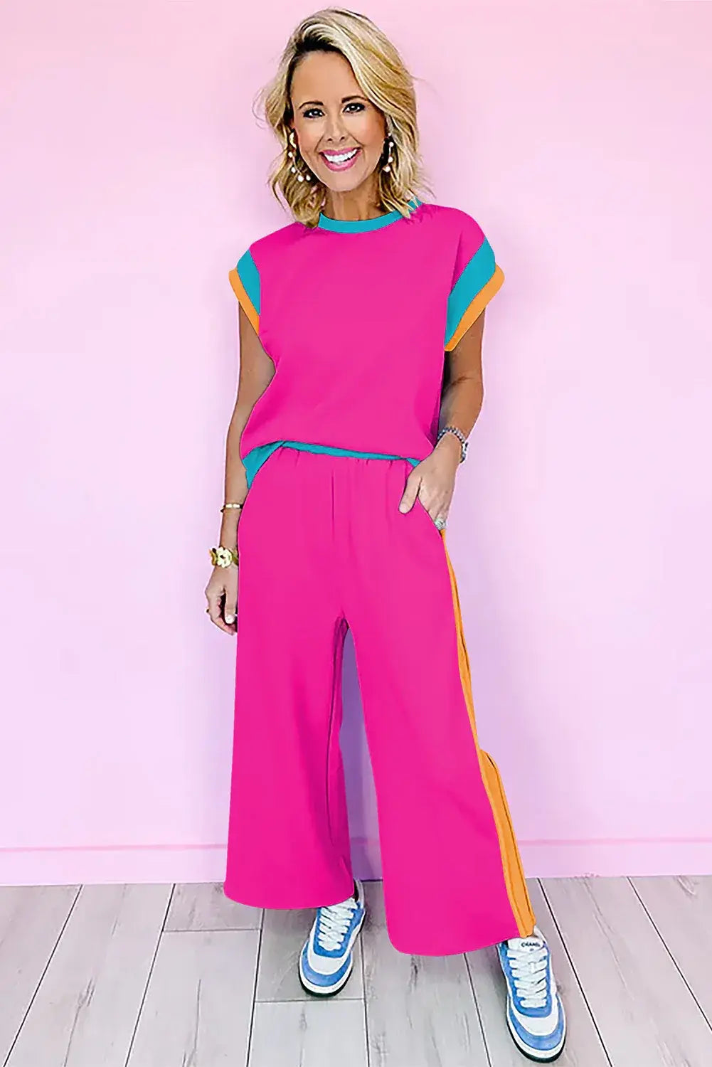 Dark Green Color Block Detail Casual Two-piece Set - Sweet Fashion Wholesale