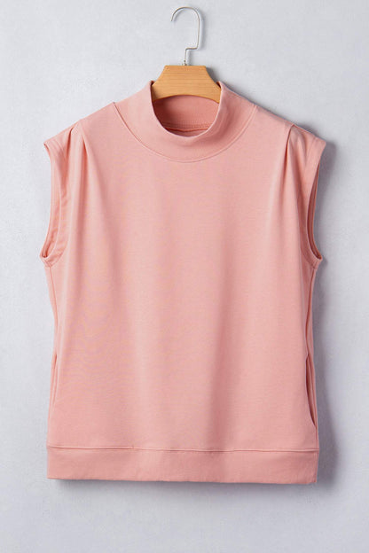 Sky Blue Solid Color High Neck Cap Sleeve Loose Top