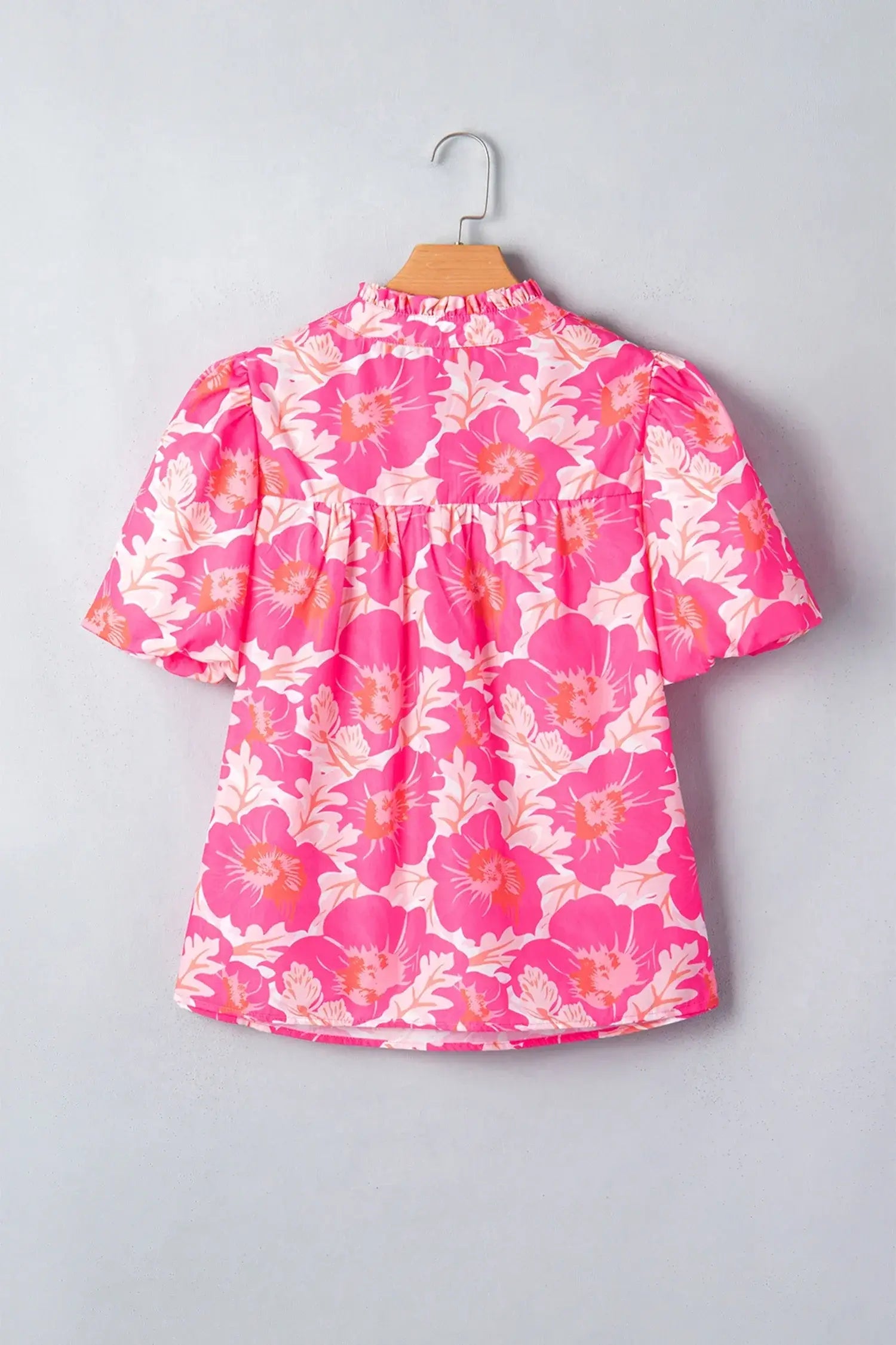 Pink Short Bubble Sleeve Summer Floral Blouse - Sweet Fashion Wholesale