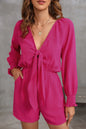 Rose Tie Knot V Neck Puff Long Sleeve Romper - Sweet Fashion Wholesale