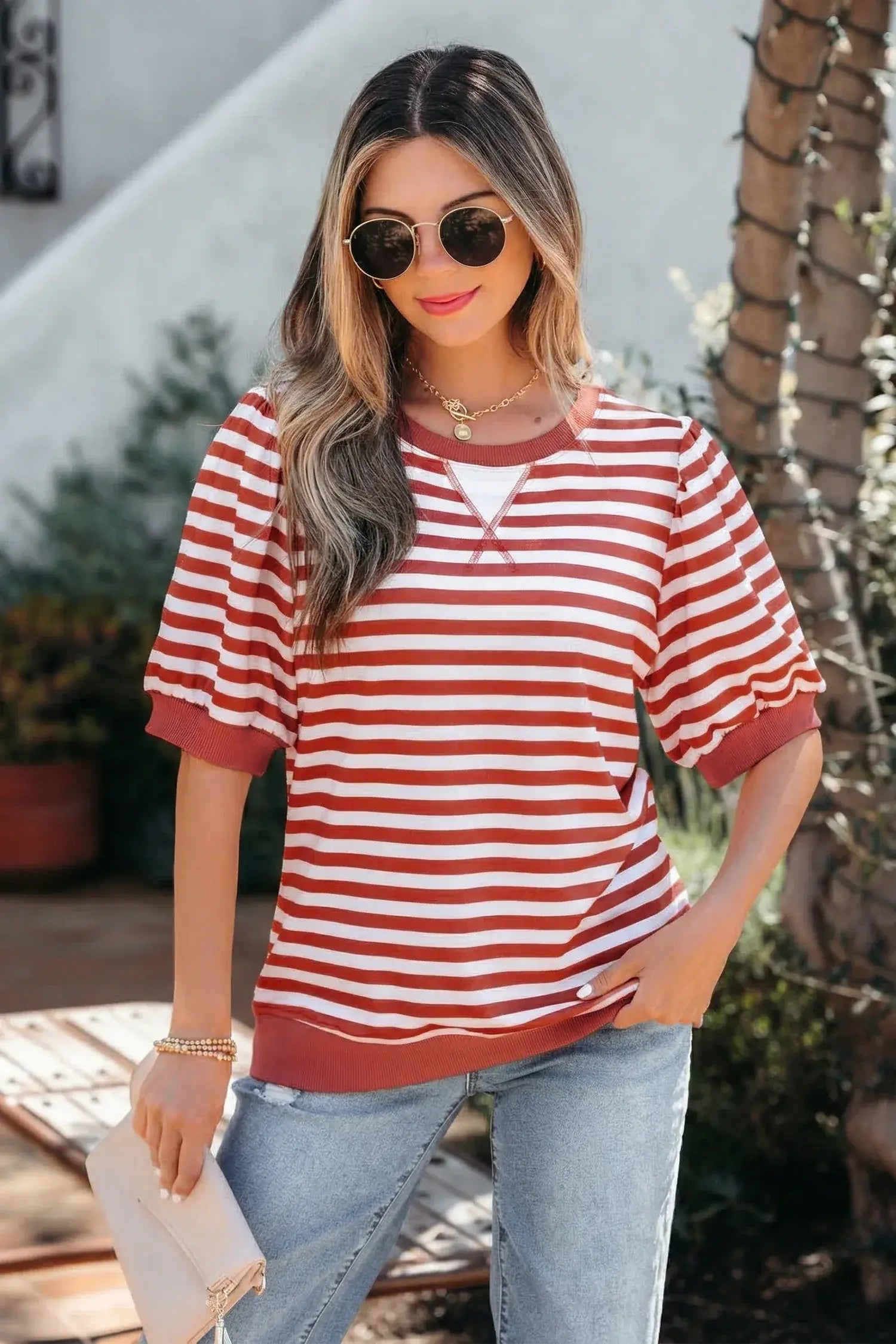 Khaki Stripe Short Bubble Sleeve T Shirt - Sweet Fashion Wholesale