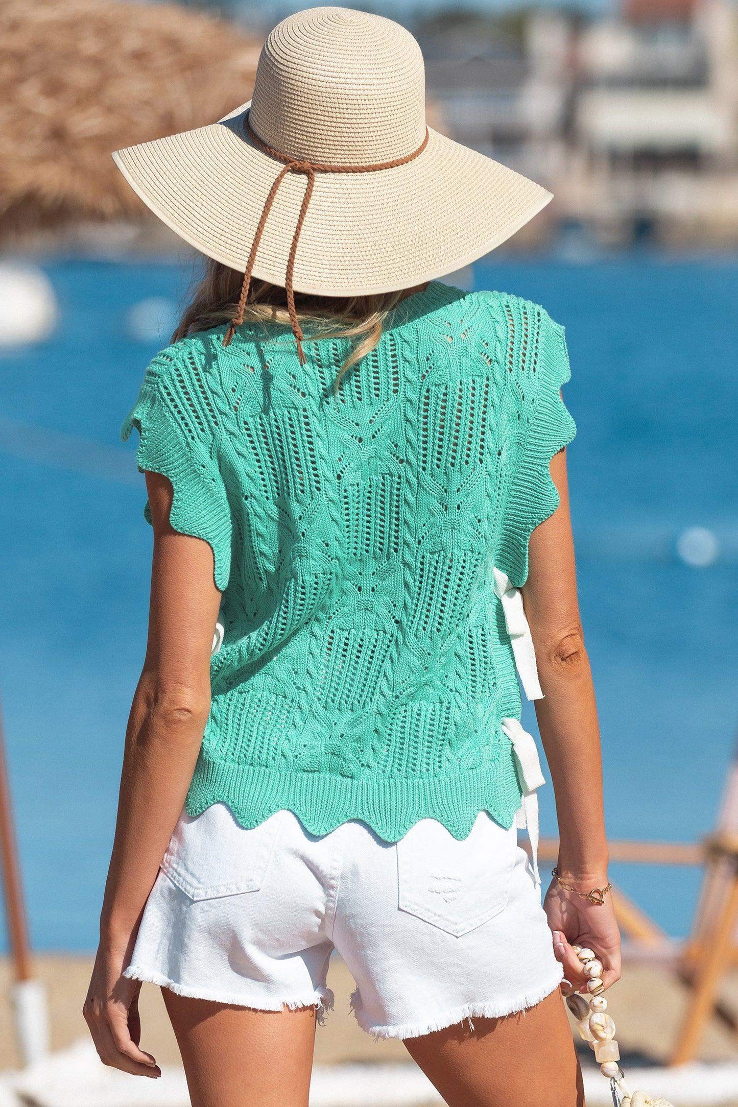 Mint Green Pointelle Knit Patterned Scalloped Trim Short Sleeve Sweater - Sweet Fashion Wholesale