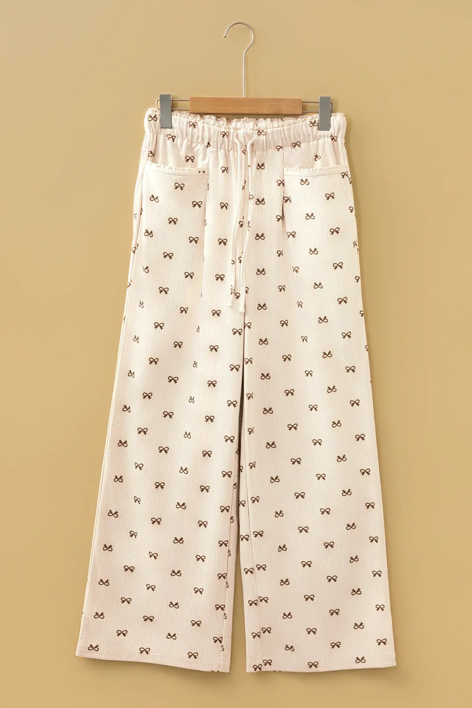 Apricot Bow Print Drawstring Elastic Waist Loose Corduroy Pants - Sweet Fashion Wholesale