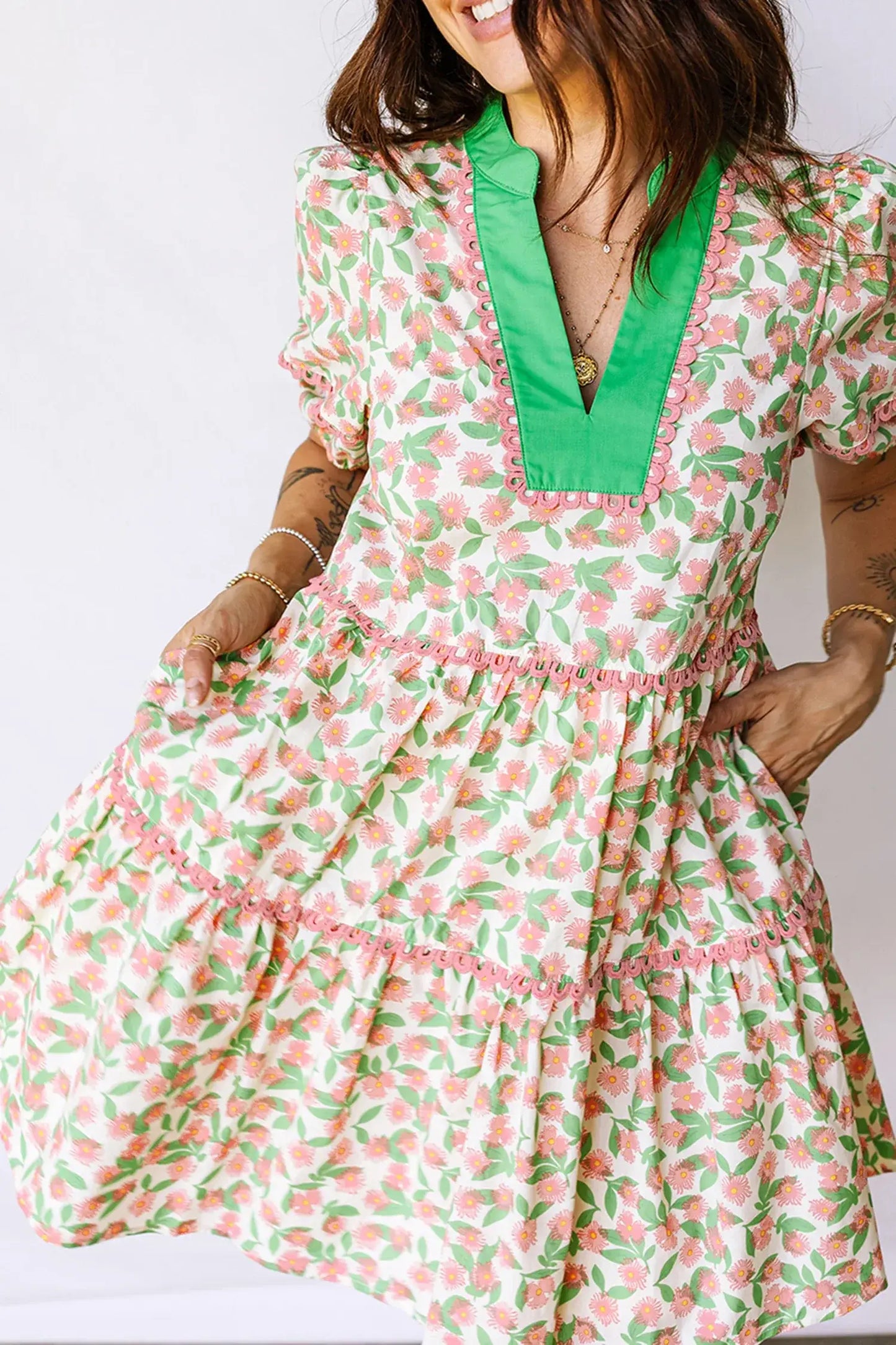 Green Contrast Neckline Ricrac Trim Floral Short Puff Sleeve Dress - Sweet Fashion Wholesale