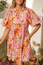Pink Striped Floral Print Tie Neck Puff Sleeve Loose Mini Dress - Sweet Fashion Wholesale